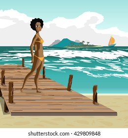 Sea landscape summer beach, old wooden pier, afro black woman dressed in yellow swimsuit. Afro black woman is standing on wooden pier in summer vacation. Vector flat cartoon illustration. 