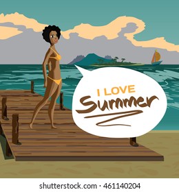 Sea landscape summer beach, old wooden pier, afro black woman dressed in yellow swimsuit. Girl in bikini is standing on coast in summer vacation. Vector flat cartoon illustration. 