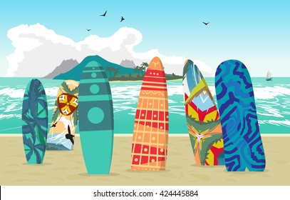 Sea landscape summer beach, surfboards stuck in the sand. Beach of the sea to the island in the distance in summer vacation. Surfboards set. Surfboards collection. Vector flat illustration