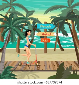Sea landscape summer beach. Young woman in a bikini is riding a kick scooter. The girl runs a roller. Vector flat cartoon illustration
