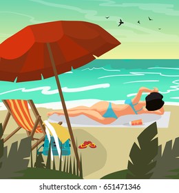 Sea landscape summer beach. Young woman in bikini sunbathing lying on sand. Vector flat cartoon illustration