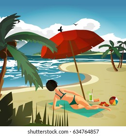 Sea landscape summer private beach. Young woman in bikini sunbathing lying on sand. Vector flat cartoon illustration