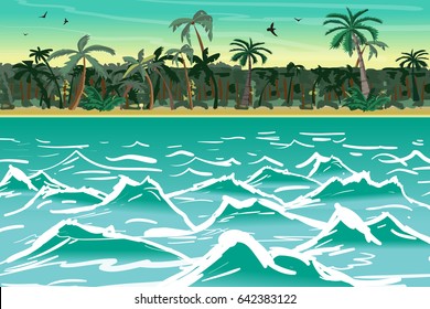 Sea landscape summer tropical beach with palm trees. Tropical island wave. Vector cartoon flat illustration