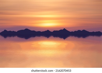 Sea landscape, summer vacation. The mountains on the horizon, the picturesque sunset sky, a beautiful reflection in the water.