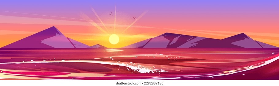 Paisaje marino con sol en el cielo en el horizonte al atardecer. Escena de verano del océano o lago con olas de agua, montañas y cielo naranja por la noche, ilustración vectorial de dibujos animados