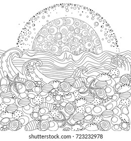 sea landscape with sunrise for coloring book 