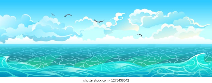 Sea landscape. Sea surface, calm and small waves on a sunny day. Vector panorama of the ocean.