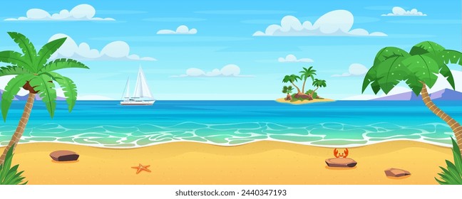 Sea landscape. Tropical beach, ocean seashore. Paradise island panorama with palm tree and sky,yacht. Tropical landscape. Vector illustration in flat style