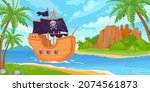 Sea landscape with tropical treasure island and sailing pirate ship. Cartoon kids marine adventure game background. Pirate boat vector scene. Exotic paradise with vessel for piracy