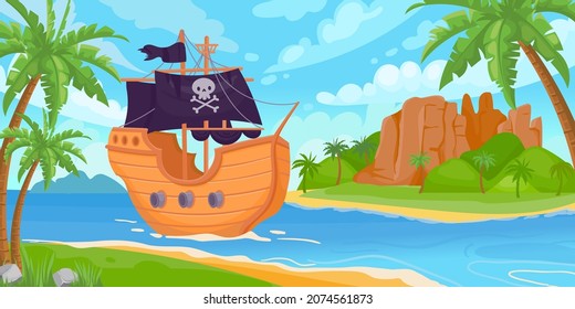 Sea Landscape With Tropical Treasure Island And Sailing Pirate Ship. Cartoon Kids Marine Adventure Game Background. Pirate Boat Vector Scene. Exotic Paradise With Vessel For Piracy