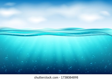 Sea landscape underwater space. Background with realistic clouds horizon water surface.Ocean deep water, sea under water level, sun rays blue wave horizon. Water surface 3D vector concept - Shutterstock ID 1738084898