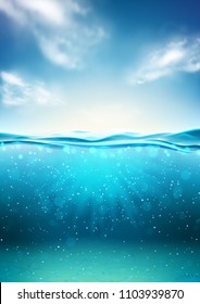 Sea Landscape Underwater Space. Vector Illustration With Deep Underwater Ocean Scene. Background With Realistic Clouds Horizon Water Surface.