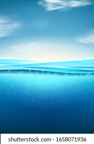 Sea landscape with underwater space. Vector illustration with deep underwater ocean scene. Background with realistic clouds and wavy water surface.