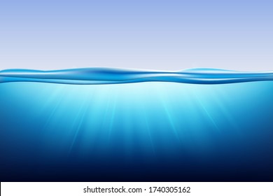 Sea landscape with underwater space. Vector illustration with deep underwater ocean scene. Blue water ocean, sea or lake with undersea light rays and waves.