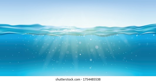 Sea landscape underwater space. Vector illustration with deep underwater ocean scene. Background with realistic  water surface.