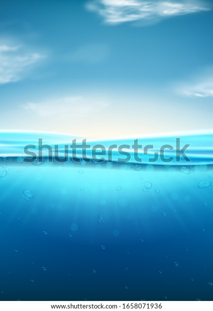 水中空間を持つ海の風景 深い水中の海のシーンを持つベクターイラスト リアルな雲と波状の水面を持つ背景 のベクター画像素材 ロイヤリティフリー