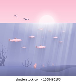 Sea landscape underwater sunset vector