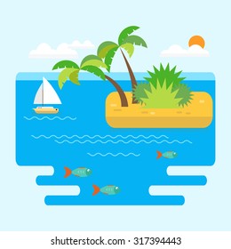 Sea landscape vector illustration in flat style. Sea with fish, horizon, island with palm trees and a boat  on a sunny day.