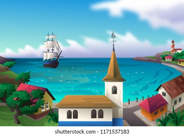 Sea landscape with vintage sailing ship