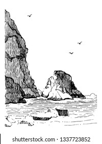 Sea landscape with water and rocks. Sea hand drawn sketch illustration.Engraving landscape.