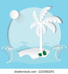 Sea landscape with waves, sun, small island and coconut tree. Vector illustration.