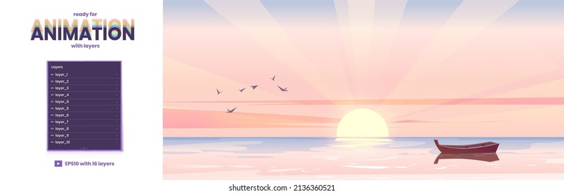 Sea landscape with wooden boat and rising sun on horizon at morning. Vector parallax background ready for 2d animation with cartoon illustration of sunrise seascape or ocean