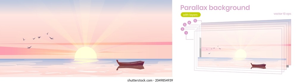 Sea landscape with wooden boat at sunrise. Vector parallax background for 3d animation with cartoon illustration of morning seascape or ocean, flying birds and rising sun with beams on horizon