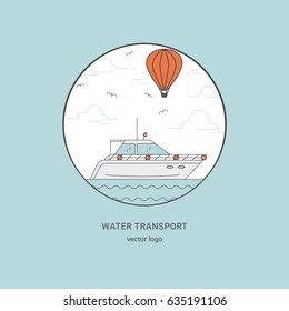 Sea landscape, yacht, balloon sky vector illustration. Flat line round logo.