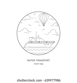 Sea landscape, yacht, balloon sky vector illustration. Flat line round logo.