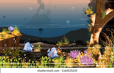Sea landscapes - oceans and underwater worlds with living organisms - Beautiful nature, coral reefs, fish, rocks and big trees - Realistic - For printing, creating video or graphic design, web interfa
