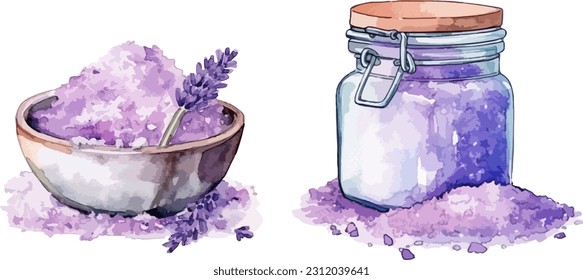 Sea ​​salt with lavender clipart, isolated vector illustration.