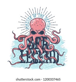 Sea legend octopus master of the depths lettering. Vintage color illustration in engraving style.