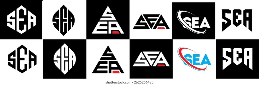 SEA letter logo design in six style. SEA polygon, circle, triangle, hexagon, flat and simple style with black and white color variation letter logo set in one artboard. SEA minimalist and classic logo
