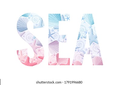 Sea lettering. Retro vector letters with seashells and starfishes. Vintage design element. Light and soft pastel colors