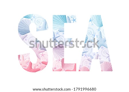 Sea lettering. Retro vector letters with seashells and starfishes. Vintage design element. Light and soft pastel colors