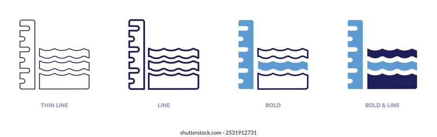 Ícone de nível do mar em 4 estilos diferentes. Linha fina, Linha, Negrito e Linha Negrito. Estilo duotônico. Traçado editável.
