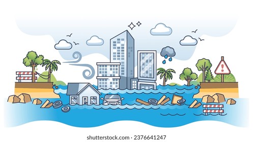 Sea level rise and destructive flood weather risks in future outline concept. Global warming and ice melting impact on urban and highly populated areas with dangerous climate vector illustration.