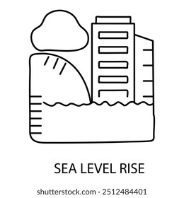  Sea Level Rise Icon: Rising Ocean Levels and Climate Crisis Icon with Editable Stroke.