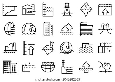 Sea Level Rise Icons Set Outline Vector. Water Nature. Climate Disaster