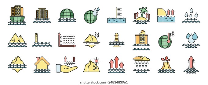 Sea level rise icons set outline vector. Water level. Nature disaster thin line color flat on white