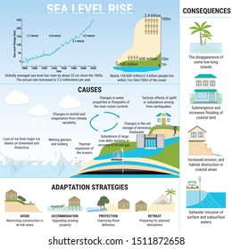 Sea Level Rise Infographic. Causes, Risks, Consequences And Adaptation Strategies For Sea Level Rising. Water Pollution. Global Warming And Climate Change Vector Concept. 