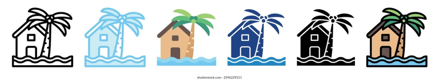 Sea Level Rise multi style, mini illustration icon set. outline, flat, glyph, line color, UI, UX, app and web, digital or print. related to ecology and environment.