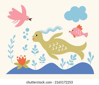 Sea lif, mermaid and  fishes. Vector illustration