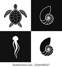 Sea life. Abstract rife in Australia vector. Wild animal silhouette. Isolated jellyfish sea turtle and nautilus shell. Vector illustration EPS 