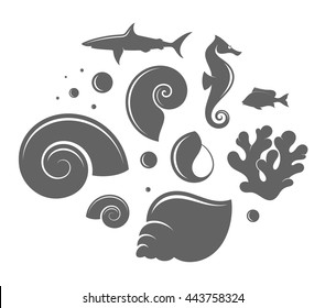 Sea life. Abstract shell and fish on white background. Icon set