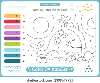 Sea Life activities for kids. Color by numbers – Cute Whale. Logic games for children. Coloring page. Vector illustration.