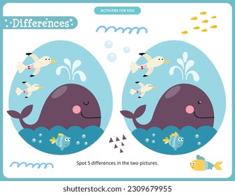 Sea Life activities for kids. Spot 5 differences. Cute Whale, Fish, Seagull. Vector illustration.