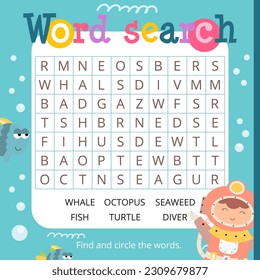 Sea Life activities for kids. Word search game. Find the hidden words. Logic games for children. Vector illustration. Book square format.