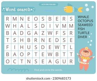 Sea Life activities for kids. Word search game. Find the hidden words. Logic games for children. Vector illustration.