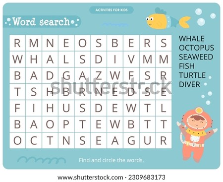 Sea Life activities for kids. Word search game. Find the hidden words. Logic games for children. Vector illustration.